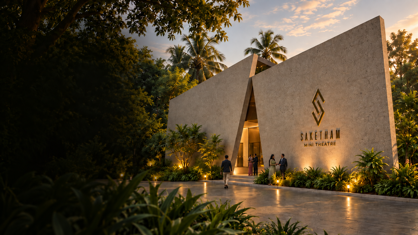 Architectural visualisation of Saketham’s angular entrance amid tropical greenery at sunset