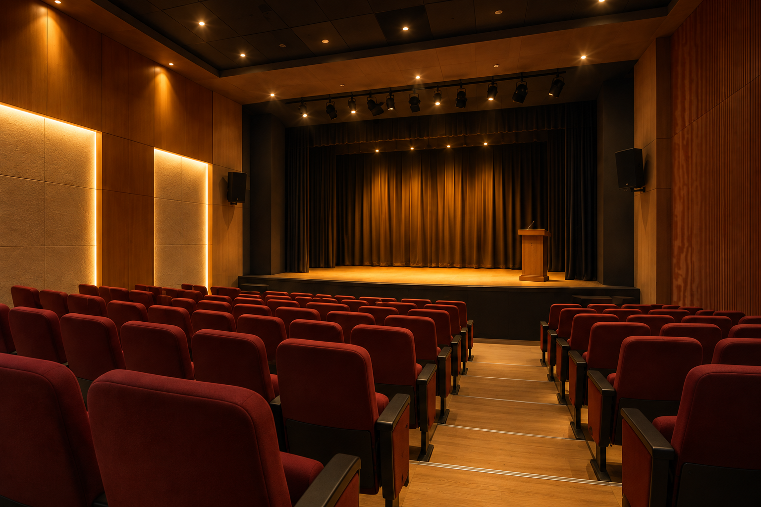 Interior visualisation showing red auditorium seating, a centre aisle and a warmly lit stage